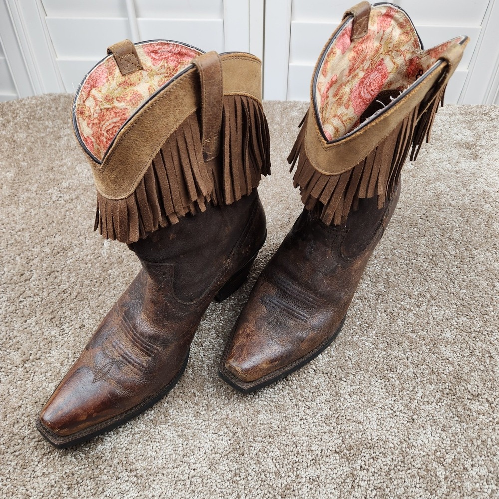 Ariat Womens Brown Leather Fringe Western Boots Floral Lining 10014102 Size 8.5B